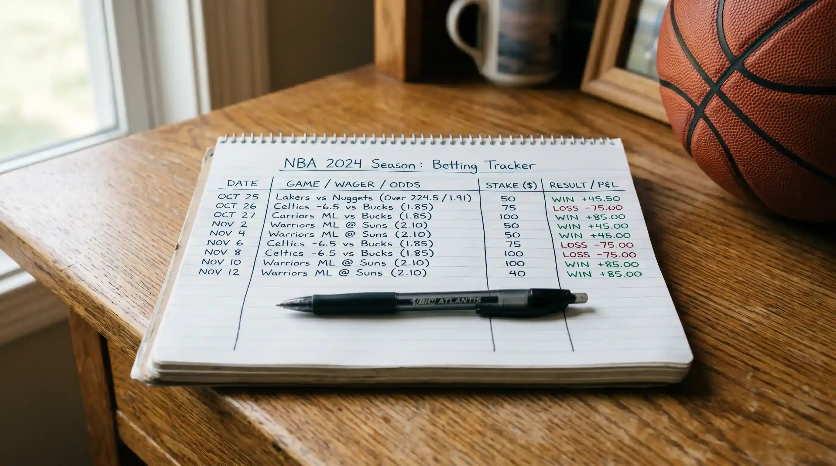 Cuaderno abierto con anotaciones manuscritas de bankroll, unidades y resultados de apuestas sobre una mesa de madera con un bolígrafo