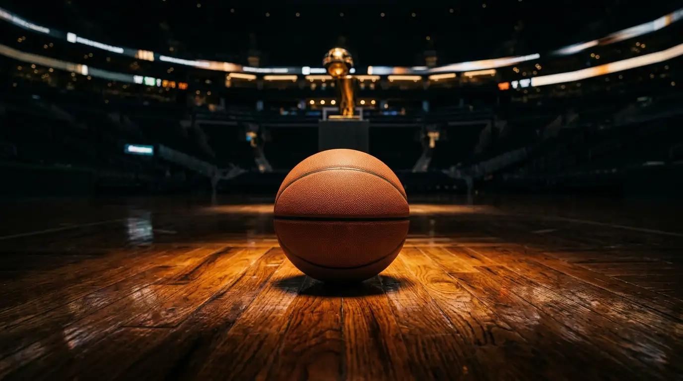 Balón de baloncesto sobre parqué NBA iluminado junto al trofeo Larry O'Brien en clave editorial
