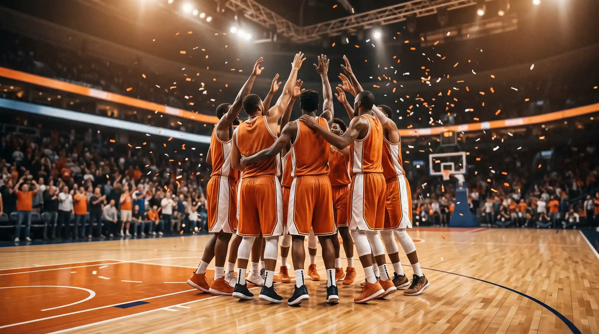 Jugadores de los Oklahoma City Thunder celebrando sobre la cancha NBA con confeti tras ganar un partido decisivo