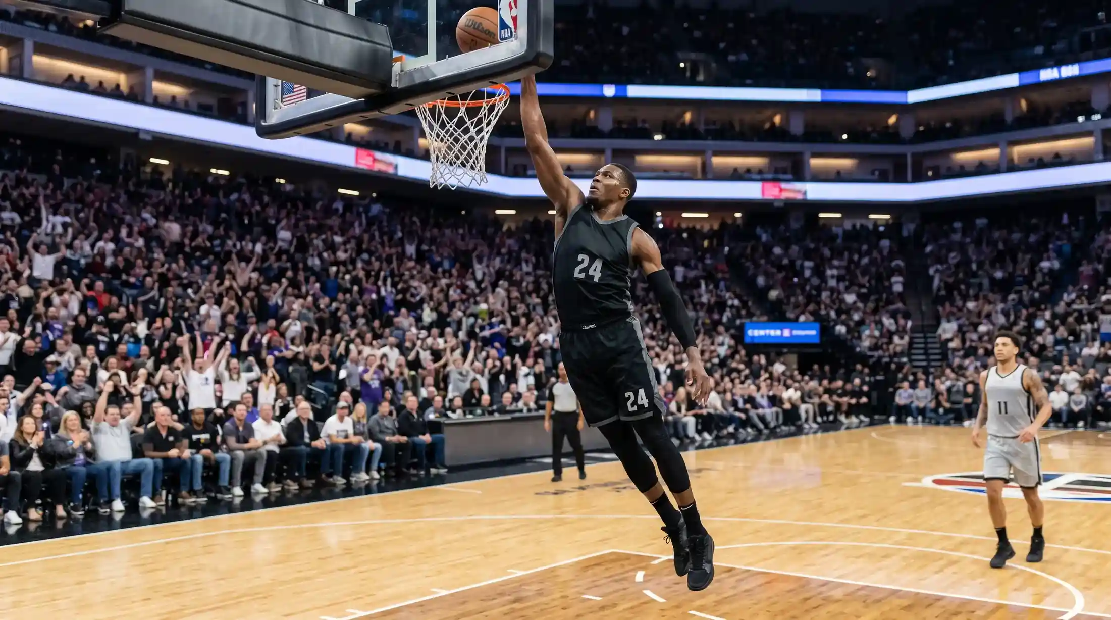 Pívot de baloncesto NBA muy alto saltando para tapar un tiro junto al aro y la red blanca de una canasta de un pabellón profesional.
