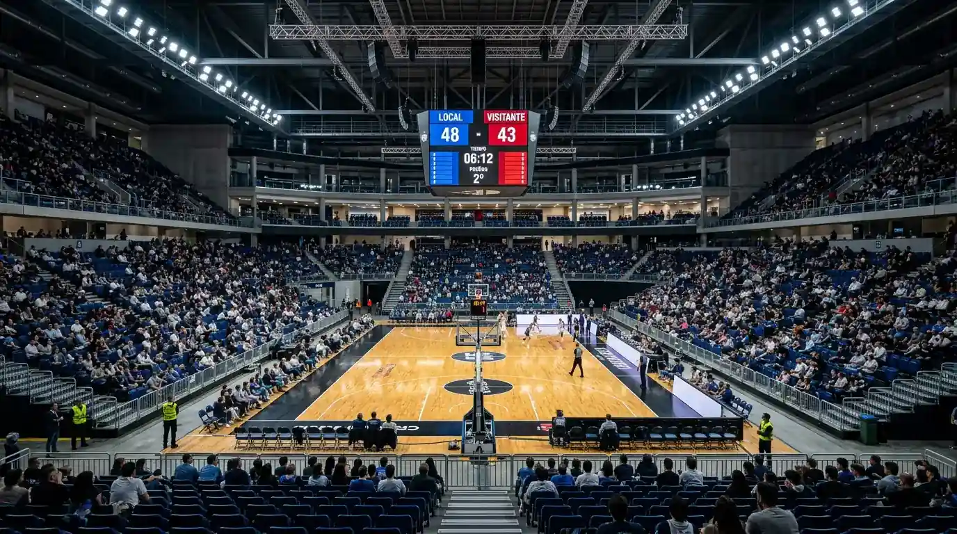 Dos aros de baloncesto NBA enfrentados en una cancha profesional simbolizando las finales de conferencia Este y Oeste