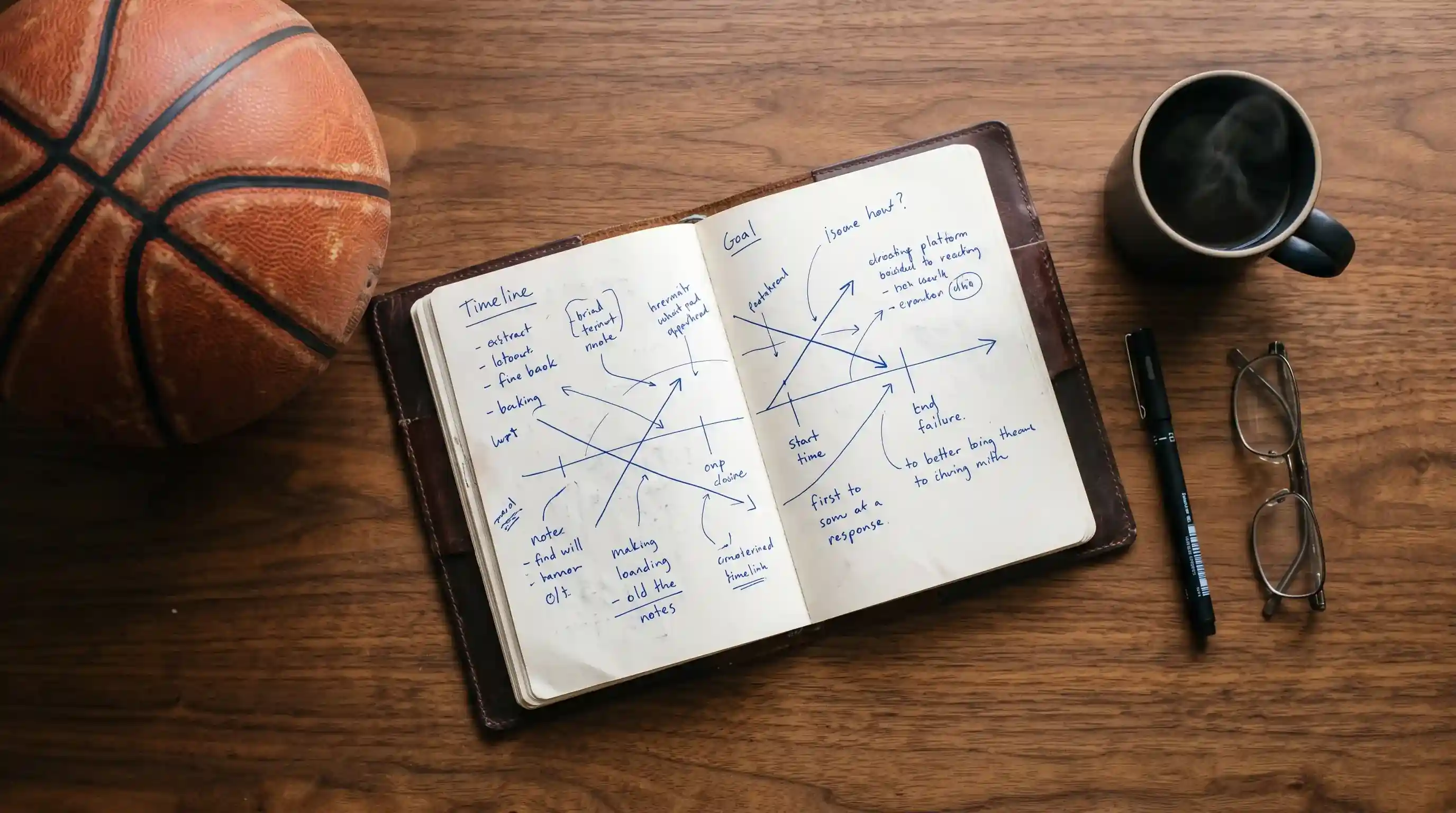Cuaderno profesional con anotaciones de planificación y un balón de baloncesto sobre mesa de madera junto a una taza de café